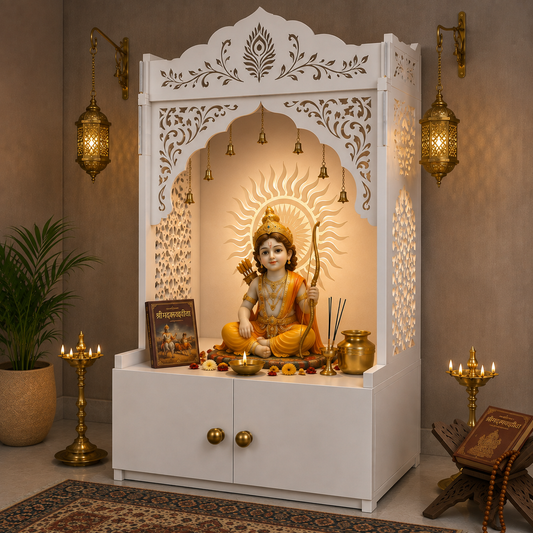 Traditional  Engineered Wooden Mandir for Home with LED Lighting & Storage