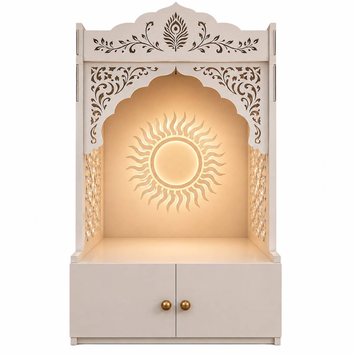 Traditional  Engineered Wooden Mandir for Home with LED Lighting & Storage