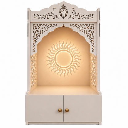 Traditional  Engineered Wooden Mandir for Home with LED Lighting & Storage