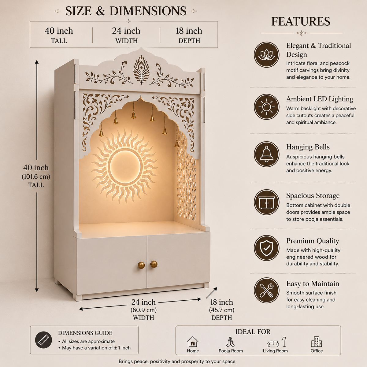 A product infographic showing a carved wooden hanging cabinet with dimensions labeled as 40 inches tall, 24 inches wide, and 18 inches deep. The image includes a 'Features' section with icons and text describing the cabinet's traditional design, ambient LED lighting, hanging bells, spacious storage, premium quality, and easy maintenance.