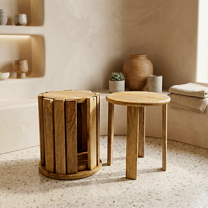 Round Wooden Stool with Storage Base Set