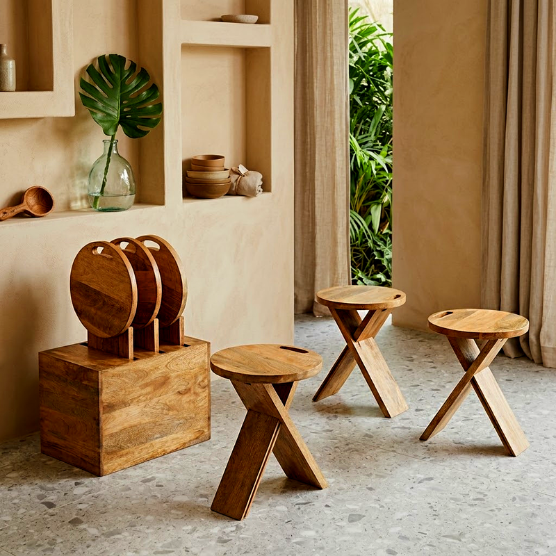 4-Piece Wooden Folding Stool Set with Table