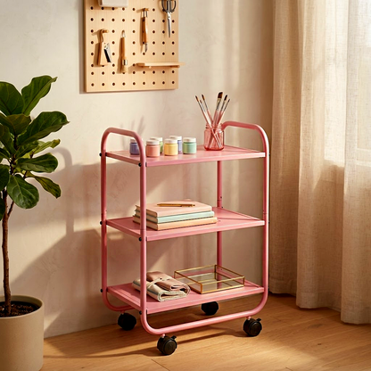 3-Tier Pink Metal Rolling Cart