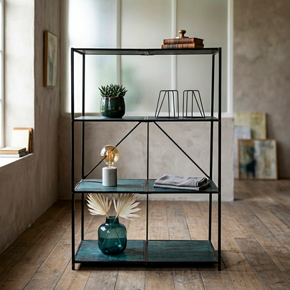 4-Tier Industrial Metal & Wood Display Shelf