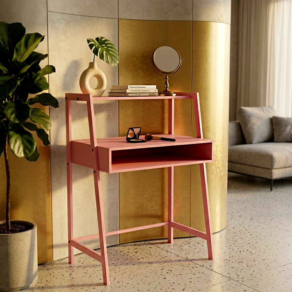 Pink Metal Study Desk with Top Shelf