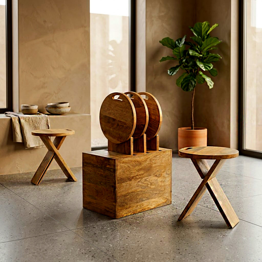 4-Piece Wooden Folding Stool Set with Storage Crate