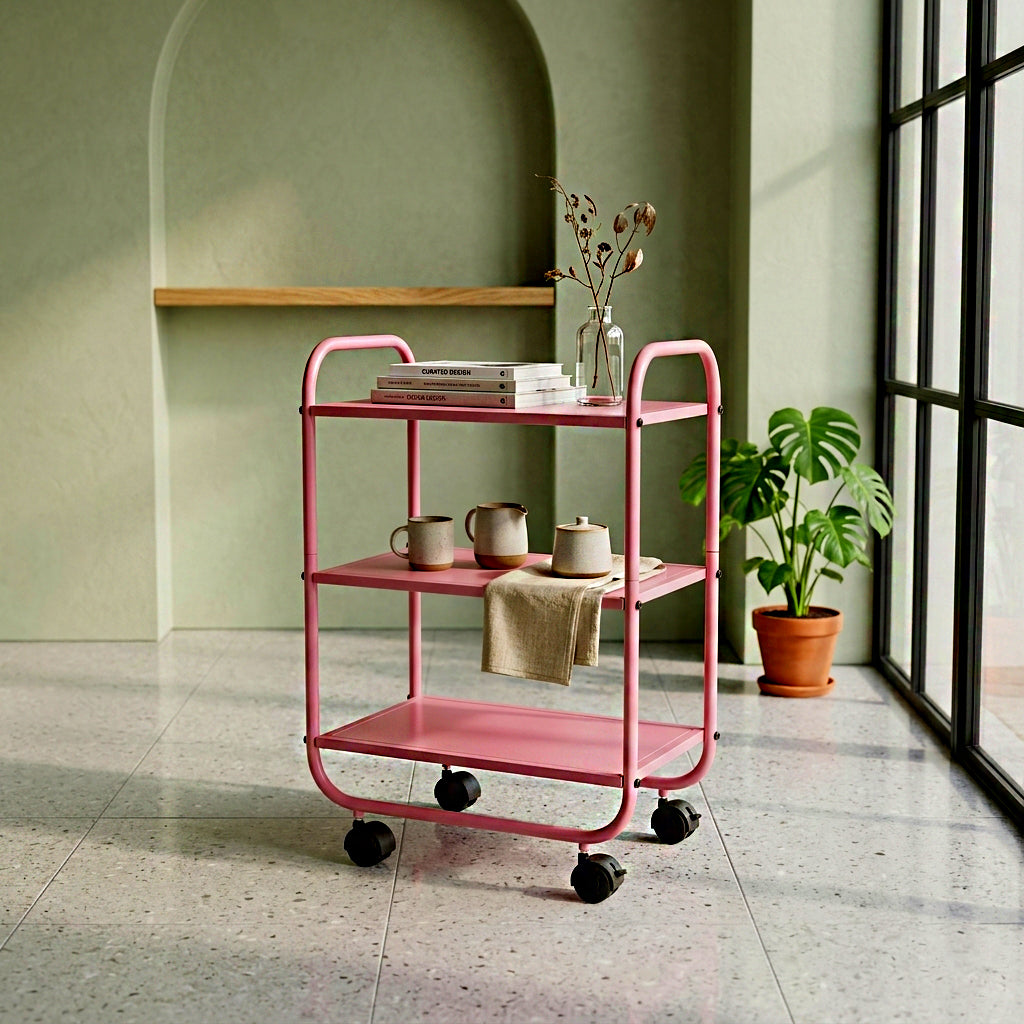 3-Tier Pink Metal Rolling Cart