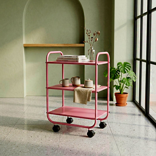 3-Tier Pink Metal Rolling Cart