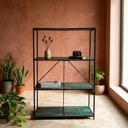 4-Tier Industrial Metal & Wood Display Shelf