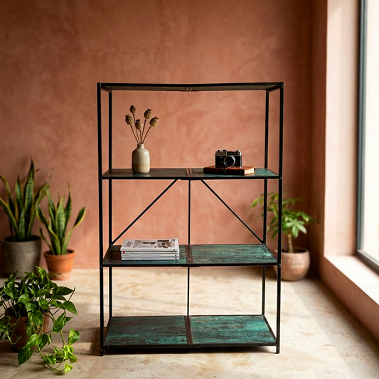 4-Tier Industrial Metal & Wood Display Shelf