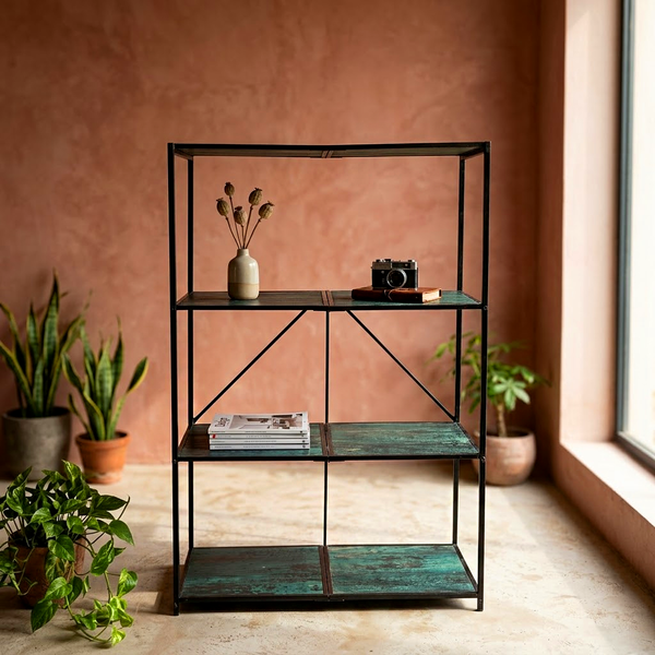 4-Tier Industrial Metal & Wood Display Shelf